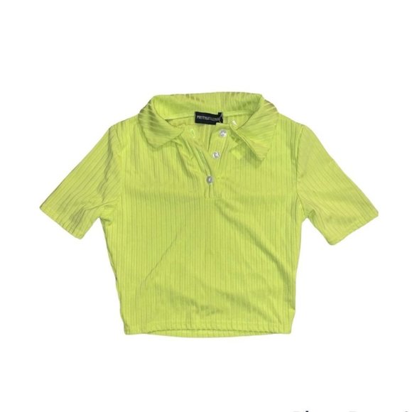 PrettyLittleThing Rib Cropped Polo Top  Size 0 US‎ Lime Neon Crop Short Sleeve - Picture 2 of 9